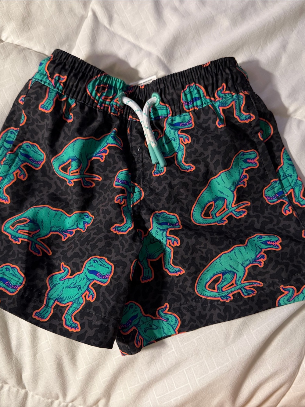 Kids Black Swim Trunks with Teal Dinosaur Print